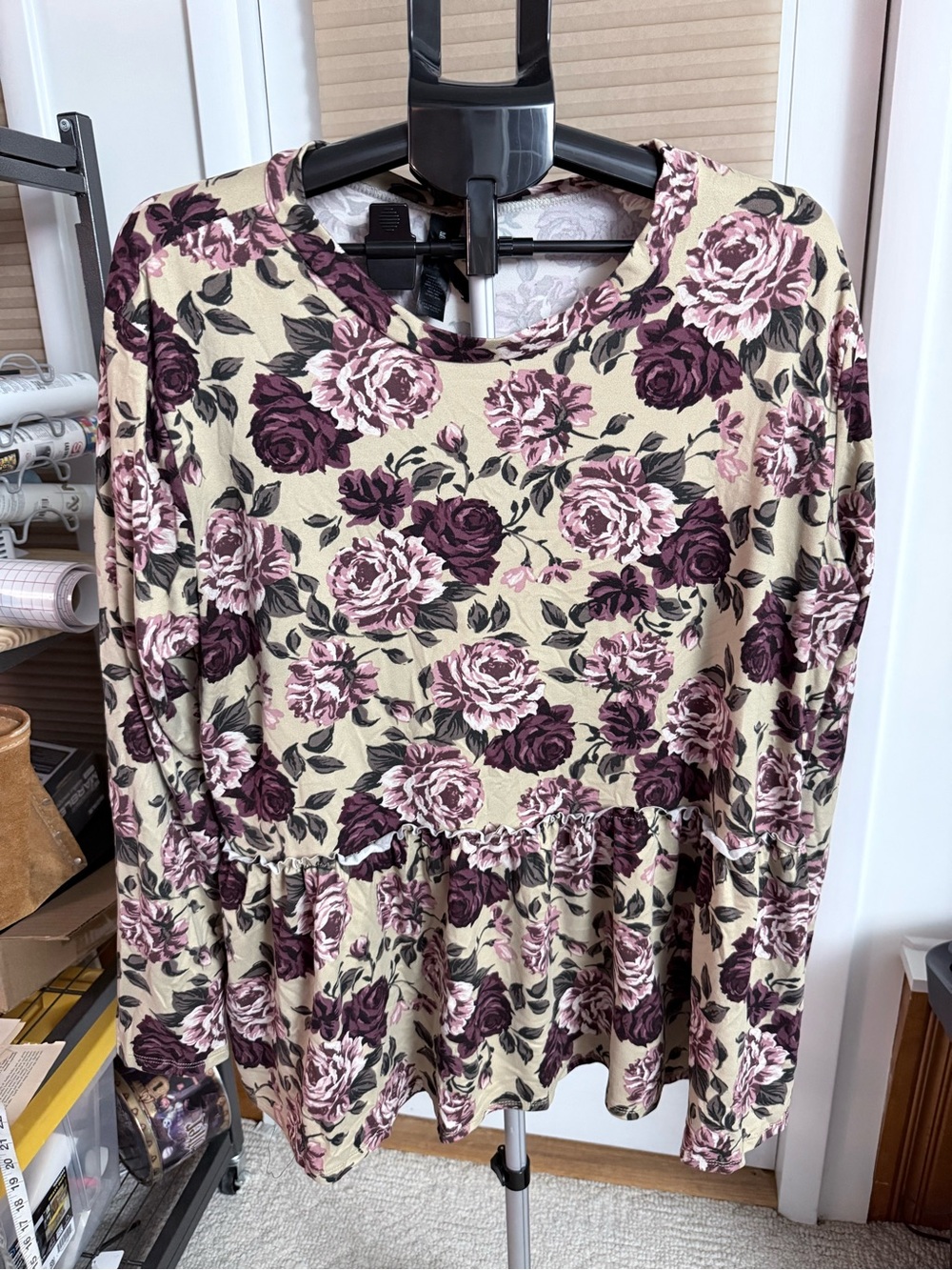 Agnes & Dora Cream Tunic top Plum Floral Print peplum tiered babydoll ruffle XXL
